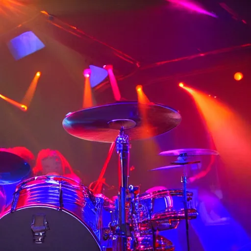 Image similar to a hamster playing drums on a stage in a small club, red and blue stagelights, photorealistic