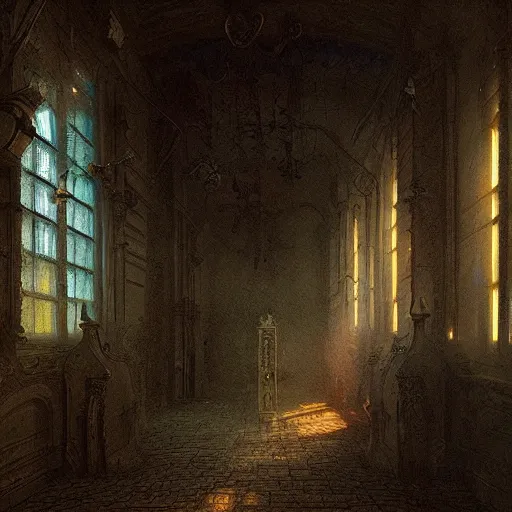 Prompt: rococo science fiction burial chamber hospital filled with cryogenic sarcophogi spilling white smoke, by greg rutkowski, zdzisław beksinski, anato finnstark, and rembrandt