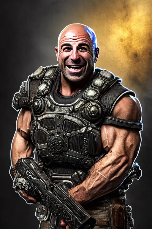 Image similar to Joe Rogan as a muscular Gears of War character laughing, photorealism, half body, HDR ambient background, unreal engine 5, hyperrealistic, highly detailed, XF IQ4, 150MP, 50mm, F1.4, ISO 200, 1/160s, cinematic lights, Adobe Lightroom, photolab, Affinity Photo, PhotoDirector 365, realistic