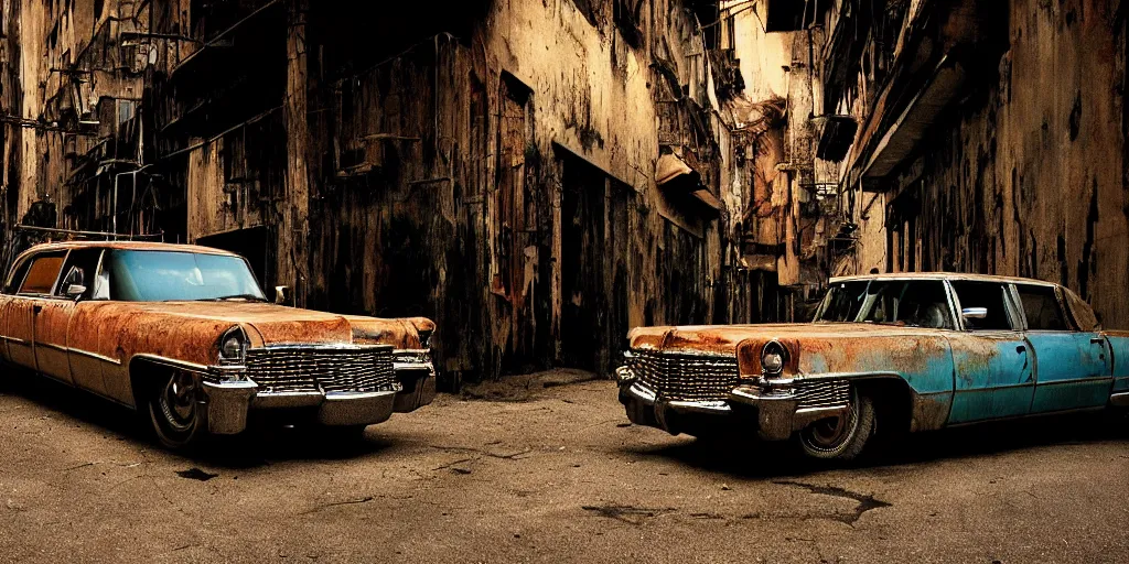 Image similar to a widescreen photo of a old rusty cadillac full with angry children, in a dark alley, low light, by steve mccurry