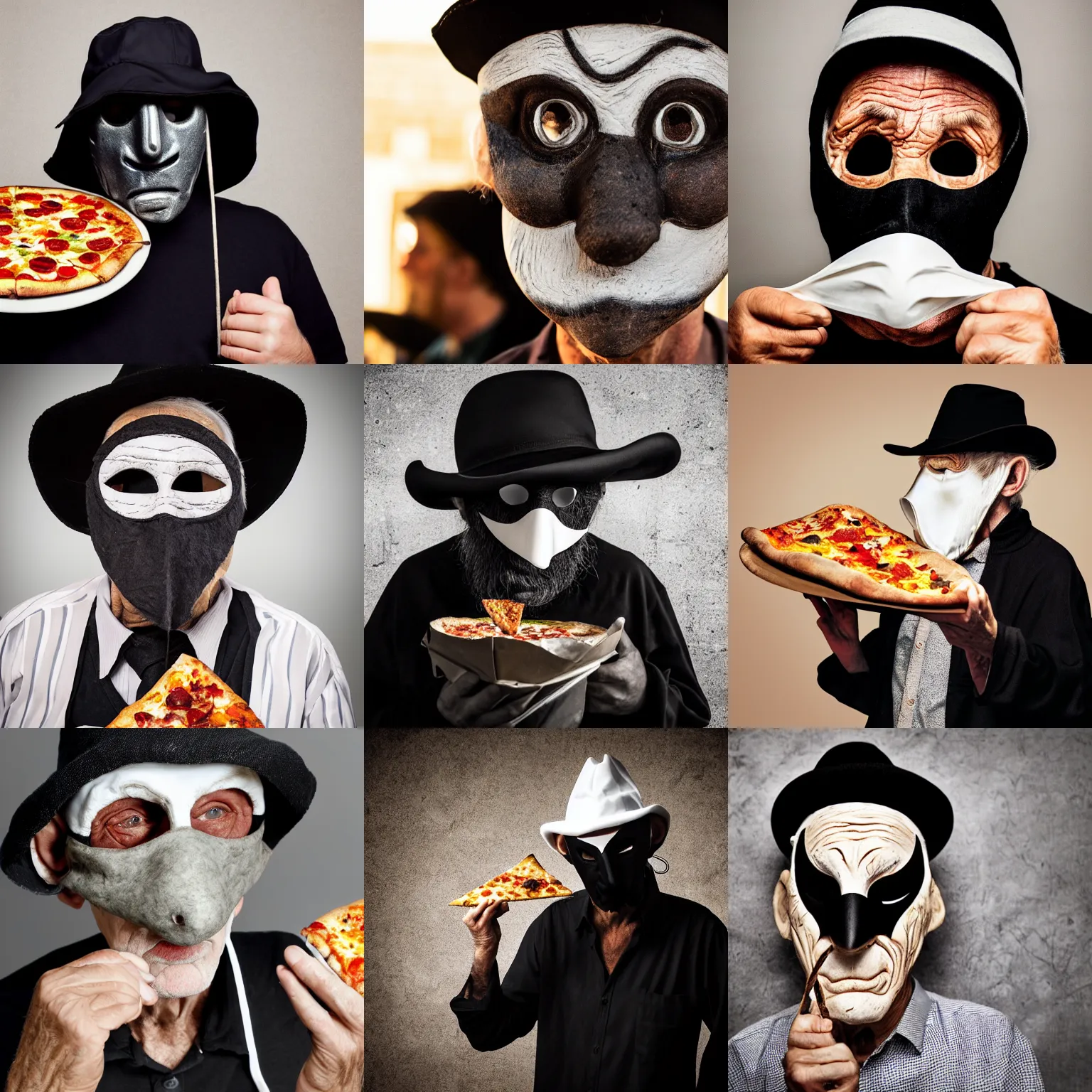 Prompt: portrait photo of an old man, wrinkles, moody, sinister looking, long nose, crooked nose, black pulcinella masquerade mask, white hat, baggy shirt, backlit, muted colors, pizza in foreground, black background, close - up, skin blemishes, acclaimed, nikon 5 0 mm, expensive masterpiece