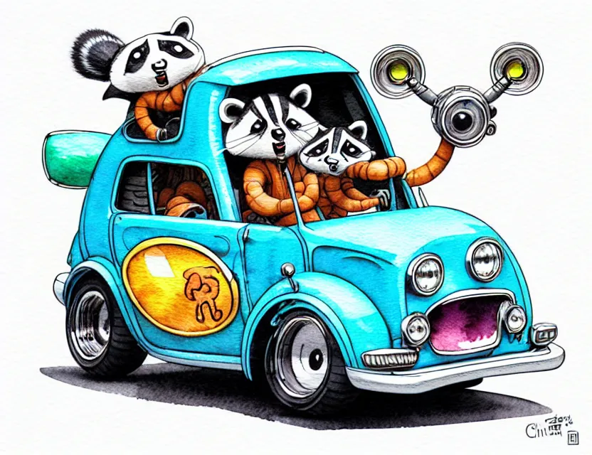 Image similar to cute and funny, racoon riding in a tiny hot rod with oversized engine, stickshift, ratfink style by ed roth, centered award winning watercolor pen illustration, isometric illustration by chihiro iwasaki, edited by range murata, tiny details by artgerm and watercolor girl, symmetrically isometrically centered