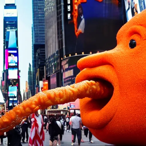 Prompt: photograph of Donald trump licking a giant Cheeto in times square