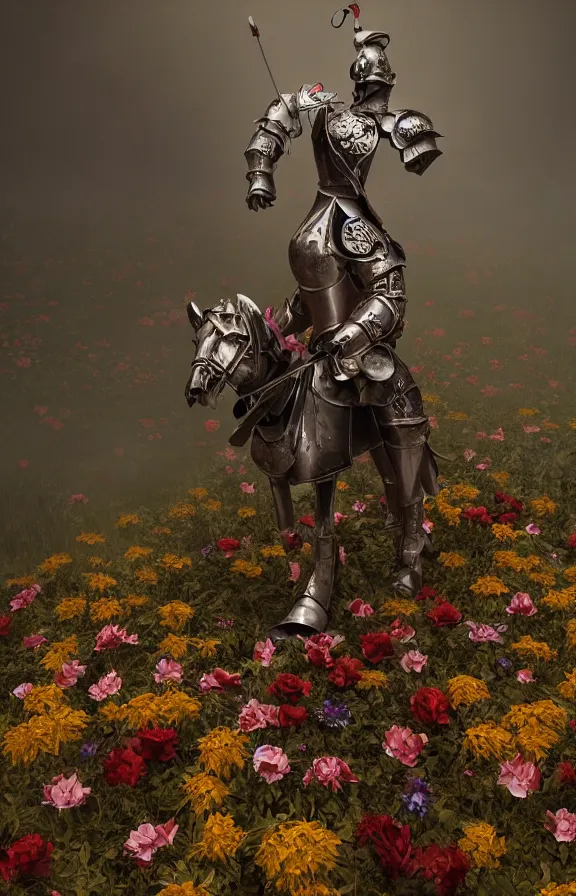 Prompt: full body image of a baroque knight in bed of flowers in dark forest, surrounded by fire and smoke, moody, rim light, dynamic lighting, cinematic shot, gritty, ultra - detail, renderman, physically based render