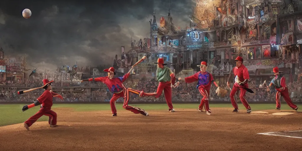 Prompt: magicians playing baseball against a team of clowns, realistic 4 k octane beautifully detailed render, 4 k post - processing, highly detailed, intricate complexity, epic composition, magical atmosphere, cinematic lighting, masterpiece, ultra hd