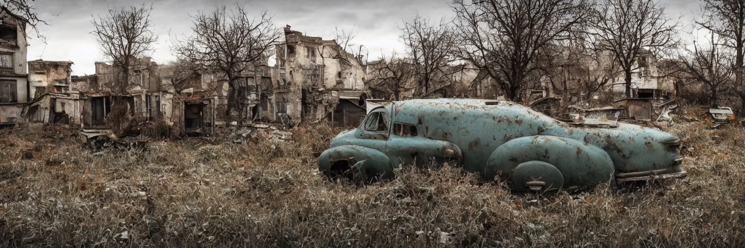 Prompt: low wide angle shot of dilapidated fallout 5 europa, retro futuristic overgrown euro rural town, desolate, dilapidated houses, few rusted retro futuristic vintage parked vehicles like cars, raiders on partrol, volumetric lighting, photorealistic, daytime, autumn, cold sunny weather, sharp focus, ultra detailed, 4 2 0 0 k