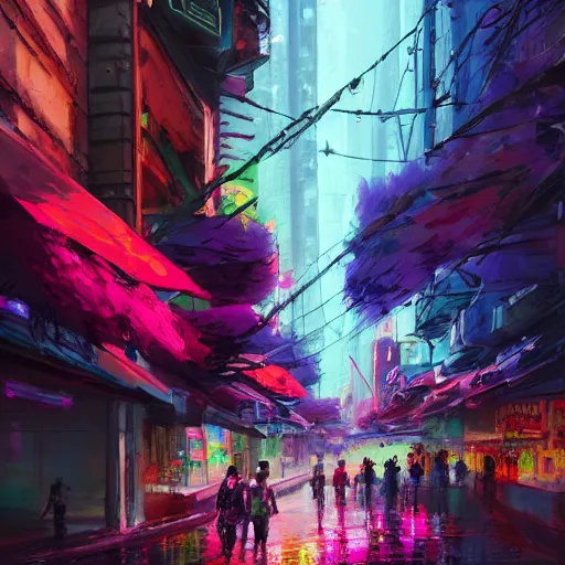 Image similar to acrylic painting, impressionism and expressionism, strong emotional impact, bold pastel colors, expressive brushstrokes, overall sense of movement in the composition. a cyberpunk streetscape lined with beautiful flowers, by liam wong and tyler edlin, trending on artstation