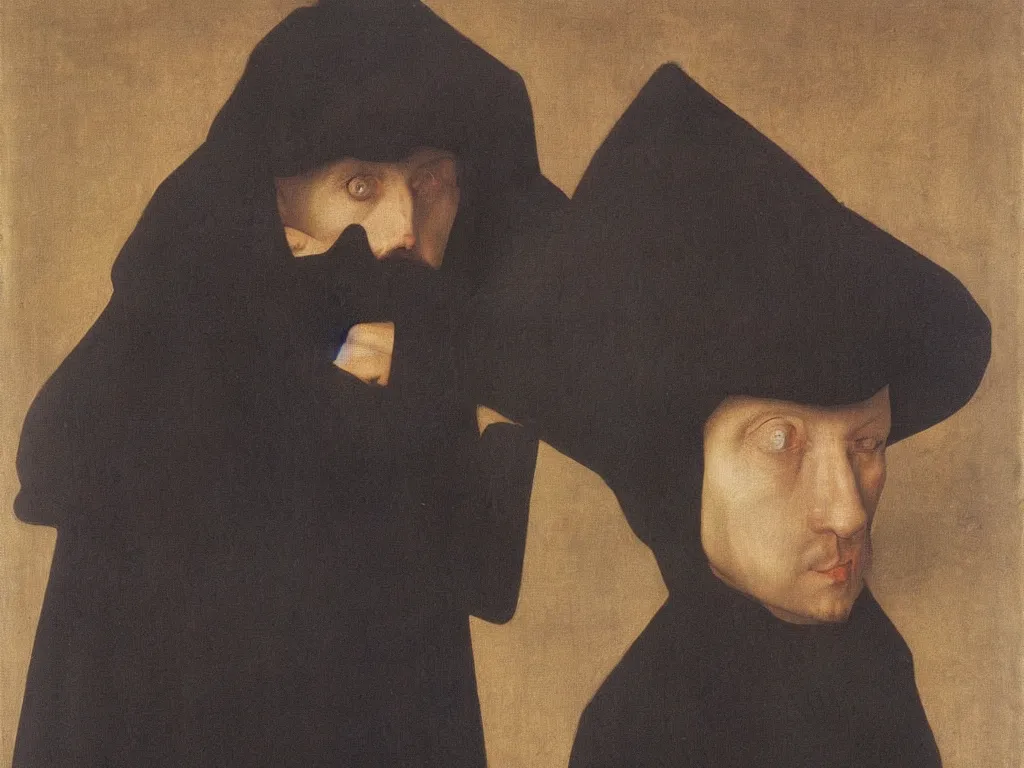 Image similar to portrait of a small time paranoid thief. Painting by Jan van Eyck, August Sander.