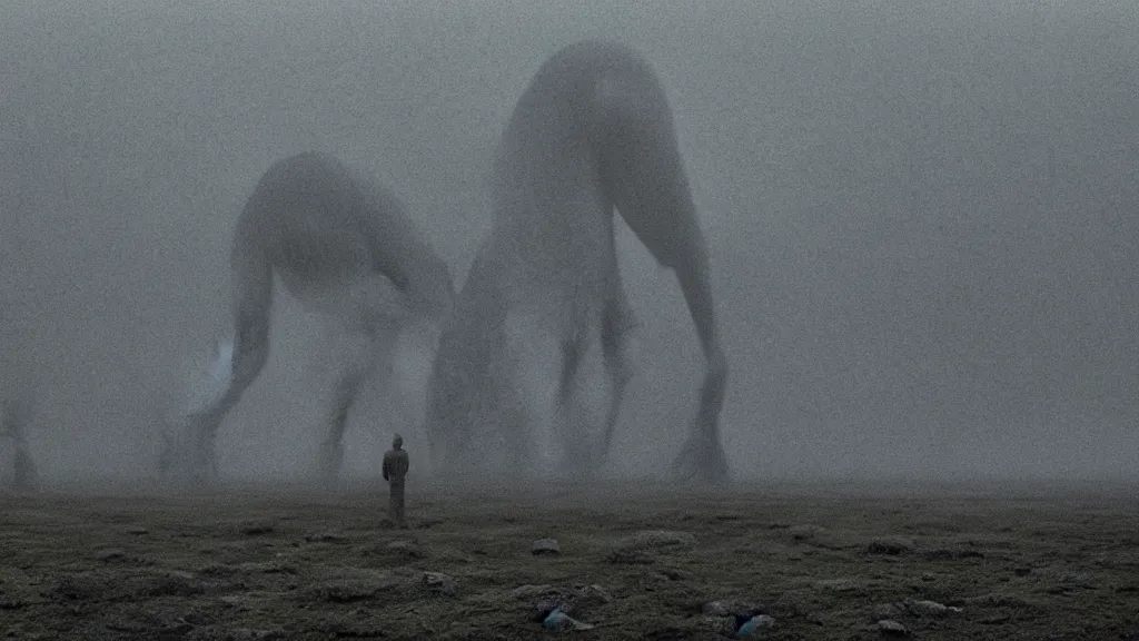 Prompt: the giant doubt, film still from the movie directed by Denis Villeneuve with art direction by Zdzisław Beksiński, wide lens