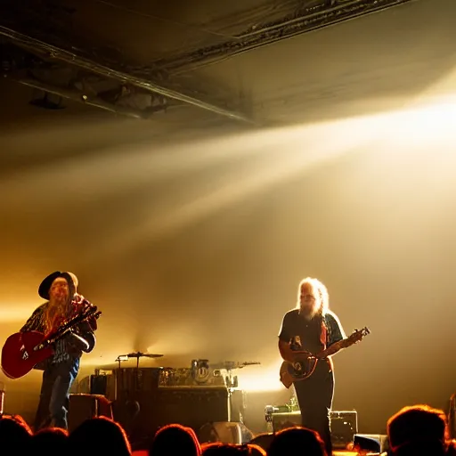 Image similar to willie nelson on stage, guitar. god rays through fog.