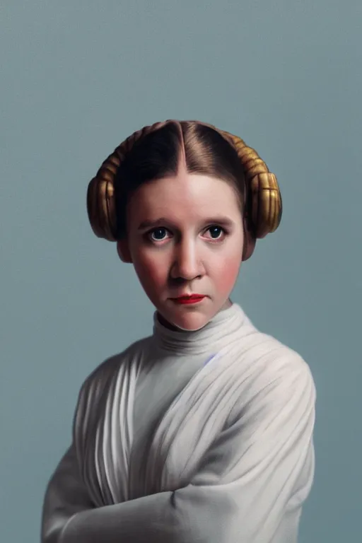 Image similar to a portrait of happy young princess leia in the style of amy sherald, dramatic studio lighting, 3 5 mm f 1. 4 lens depth of field, soft focus, octane render 8 k, hyperdetailed, trending on artstation, award winning