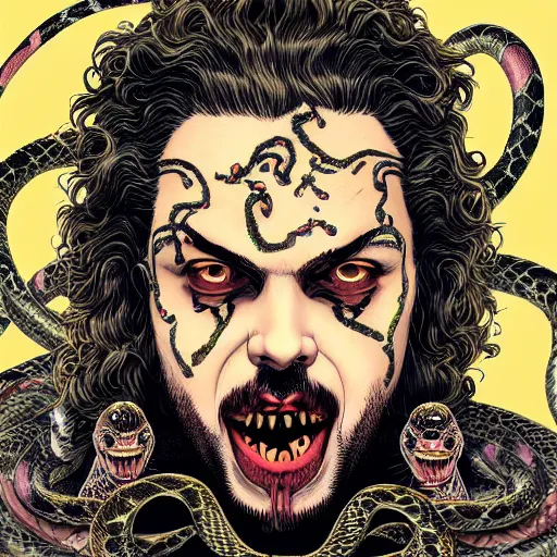 Image similar to portrait closeup of crazy post malone as vampire and snakes around, symmetrical, by yoichi hatakenaka, masamune shirow, josan gonzales and dan mumford, ayami kojima, takato yamamoto, barclay shaw, karol bak, yukito kishiro