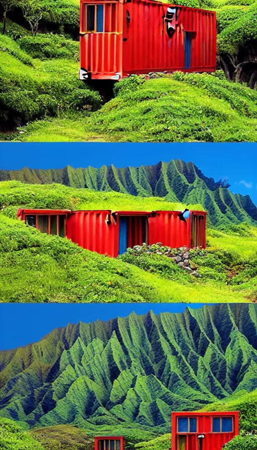 Image similar to hobbit monastery on hawaii, shipping containers emerging from hillside, prefab mini homes, by Ivan Bilibin, Lisa Frank