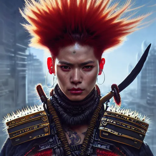 Image similar to portrait painting of a cyberpunk maori street samurai with spiky red hair, ultra realistic, concept art, intricate details, eerie, highly detailed, photorealistic, octane render, 8 k, unreal engine. art by artgerm and greg rutkowski and charlie bowater and magali villeneuve and alphonse mucha