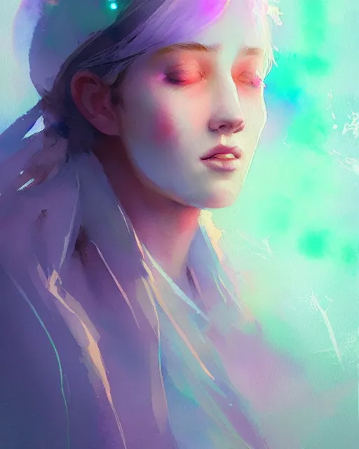 Image similar to pastel watercolor portrait of a lavender priestess, artgerm, artstation, radiant halo of light, gilding, ismail inceoglu