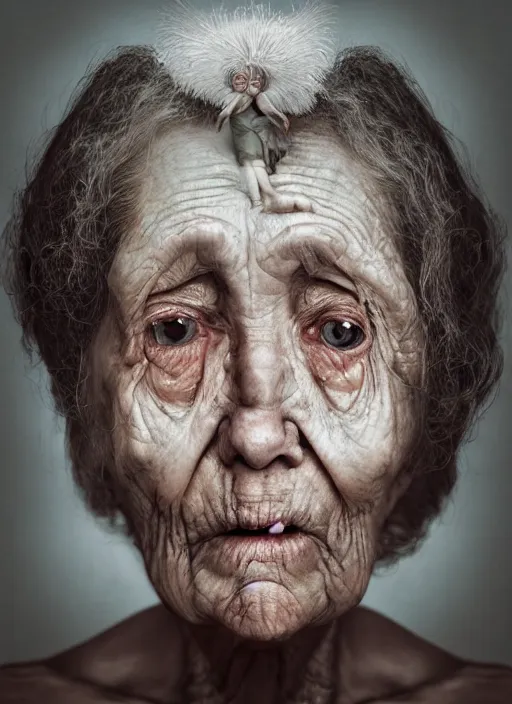 Image similar to an old woman with a weird look on her face, a surrealist painting by Martin Schoeller, shutterstock contest winner, pop surrealism, angelic photograph, stock photo, photoillustration