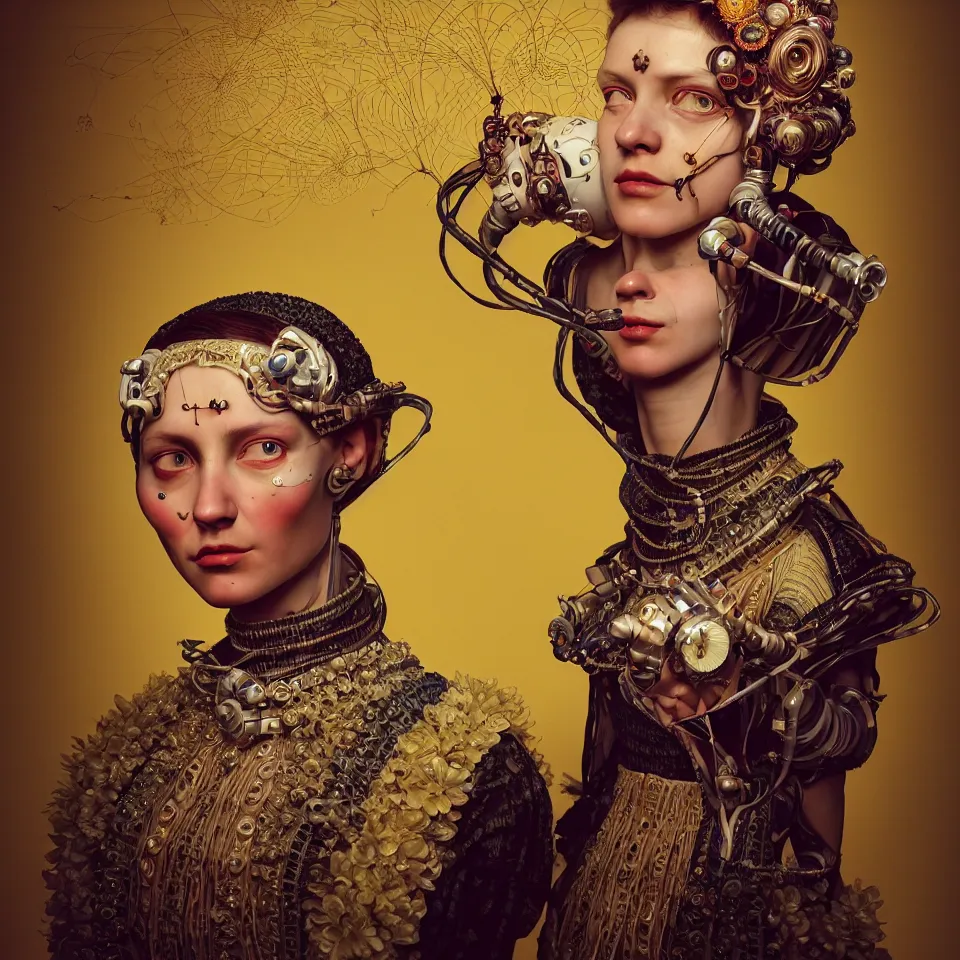 Image similar to colour caravaggio style photography of highly detailed beautiful woman with 1 0 0 0 years perfect face and wearing detailed ukrainian folk costume designed by taras shevchenko also wearing highly detailed retrofuturistic sci - fi neural interface designed by josan gonzalez. many details in style of josan gonzalez and mike winkelmann and andgreg rutkowski and alphonse muchaand