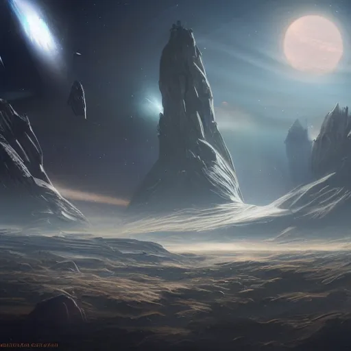 Prompt: scifi space landscape, concept art, trending on, volumetric lighting, epic composition