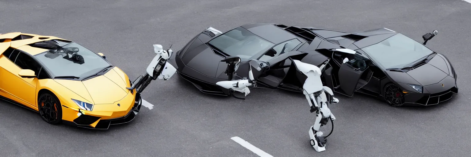 Image similar to a robot is driving a lamborghini