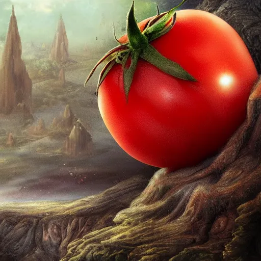 Prompt: a beautiful matte painting of a very sad tomato in a fantasy landscape, by steve argyle and mark arian