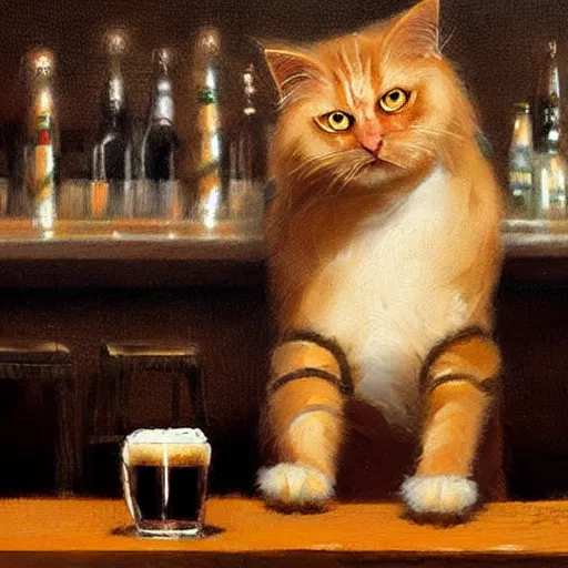 Image similar to of a british longhair cat sitting at the bar next to a beer, by greg rutkowski