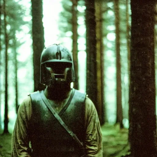 Image similar to close up kodak portra 4 0 0 photograph of a roman legimeer after the battle standing in dark forest, moody lighting, telephoto, 9 0 s vibe, blurry background, vaporwave colors, faded