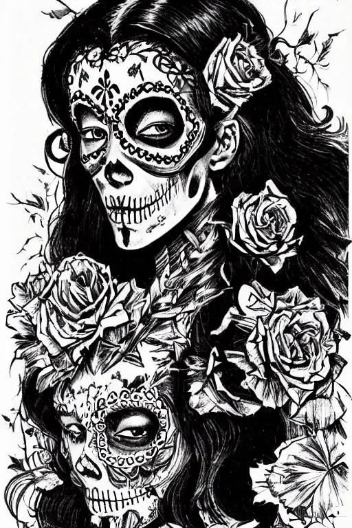 Prompt: Illustration of a sugar skull day of the dead girl, art by bernie wrightson