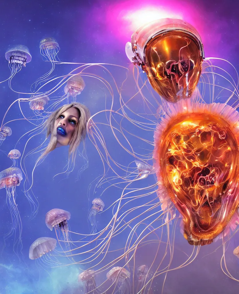 Image similar to close-up portrait of the face of a beautiful princess in a twisted flowers jellyfish mask in a spaceman suit surrounded by energy flow, epic angle and pose, symmetrical artwork, 3d with depth of field, blurred background, floating jellyfish skull phoenix bird, translucent, nautilus, energy flows of water and fire. a highly detailed epic cinematic concept art CG render. made in Maya, Blender and Photoshop, octane render, excellent composition, cinematic dystopian brutalist atmosphere, dynamic dramatic cinematic lighting, aesthetic, very inspirational, arthouse. y Greg Rutkowski, Ilya Kuvshinov, WLOP, Stanley Artgerm Lau, Ruan Jia and Fenghua Zhong