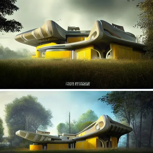 Prompt: futuristic house inspired by a tibetan palace between big trees, yellow clouds, dramatic lighting, artstation, matte painting, raphael lacoste, simon stalenhag, frank lloyd wright, zaha hadid