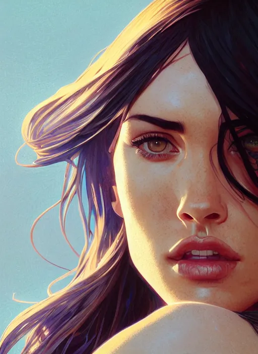 Image similar to highly detailed portrait of megan fox, stephen bliss, unreal engine, greg rutkowski, loish, rhads, beeple, makoto shinkai and lois van baarle, ilya kuvshinov, rossdraws, tom bagshaw, alphonse mucha, global illumination, god rays, detailed and intricate environment