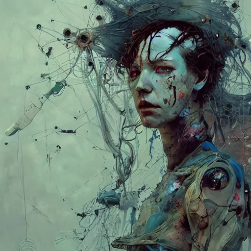 Image similar to the last wanderer of earth, post - apocalyptic wasteland, wires cybernetic implants, in the style of adrian ghenie, esao andrews, jenny saville, surrealism, dark art by james jean, takato yamamoto