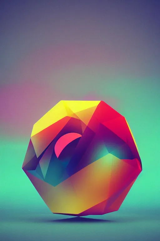 Image similar to geometric 3 d render, soft bright pastel, rainbow fireball in the middle, mountains surrounding, rule of thirds