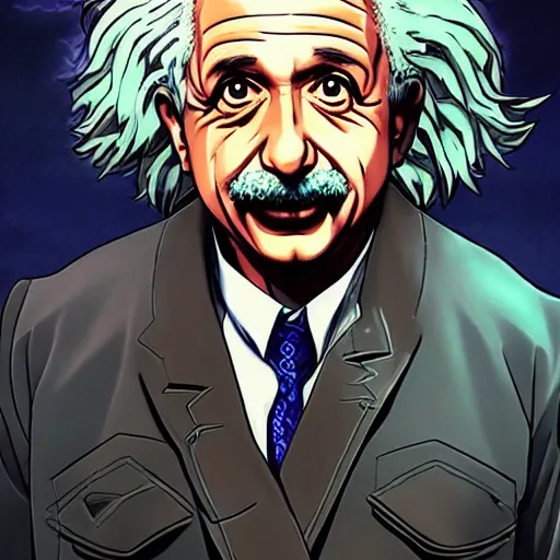 Image similar to Albert Einstein in Jojo\'s Bizarre Adventure, character art, Hirohiko Araki, masterpiece, beautiful, clean lines, dramatic pose, artstation, high detail face, high resolution scan, Hirohiko Araki, Hirohiko Araki, masterpiece