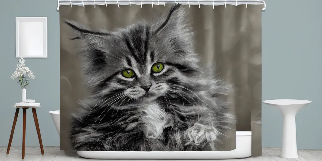 Image similar to a ( ( main coon kitten ) ) baby yoda themed shower curtain, shower curtain product photography. product lighting. digital art. 4 k, highly detailed. saturated.