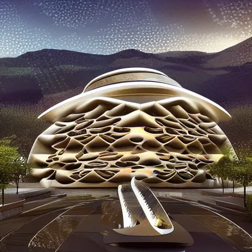 Image similar to futuristic building designed in ethno style, hype realistic illustration