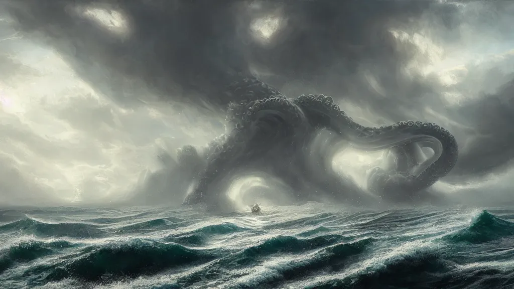 Prompt: small boat in the left foreground, giant massive kraken in the rising out a stormy ocean in the right background, stormy weather, intricate, detailed, volumetric lighting, sharp focus, scenery, digital painting, highly detailed, concept art, ruan jia, steve mccurry