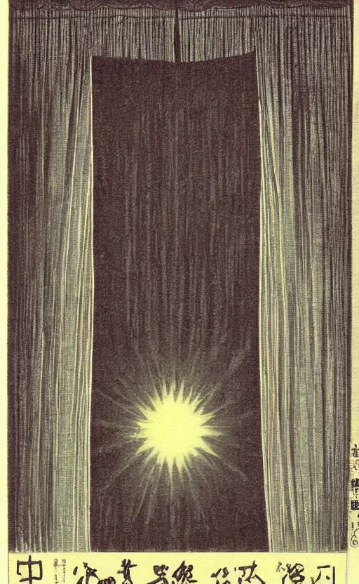 Image similar to by akio watanabe, manga art, the curtains of a theatre, trading card front, sun in the background