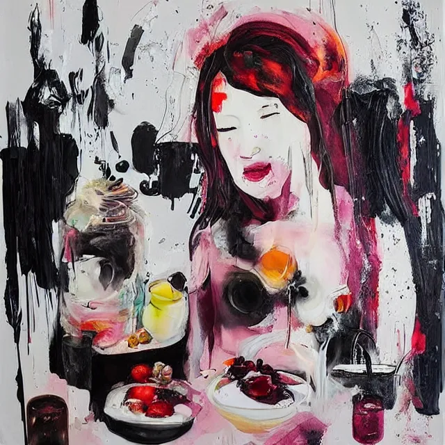 Image similar to “ a portrait in a female art student ’ s apartment, sensual, a pig theme, art supplies, paint tubes, ikebana, herbs, a candle dripping white wax, black walls, squashed berries, berry juice drips, acrylic and spray paint and oilstick on canvas, surrealism, neoexpressionism ”