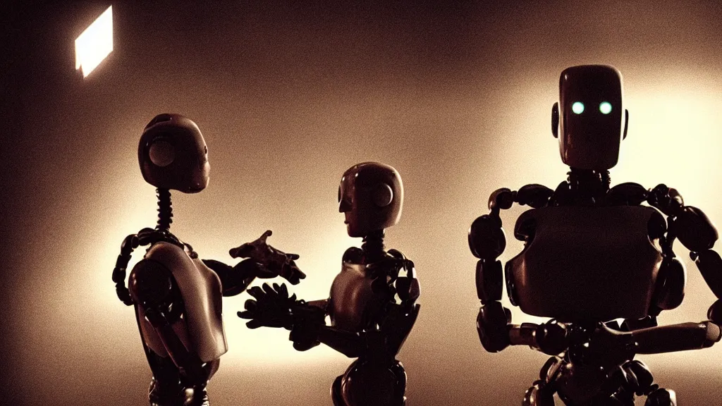 Image similar to movie still of a man and a robot in a moment of horror, movie still, cinematic composition, cinematic light, by edgar wright and david lynch