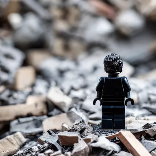 Image similar to A burned Lego figure in rubble,