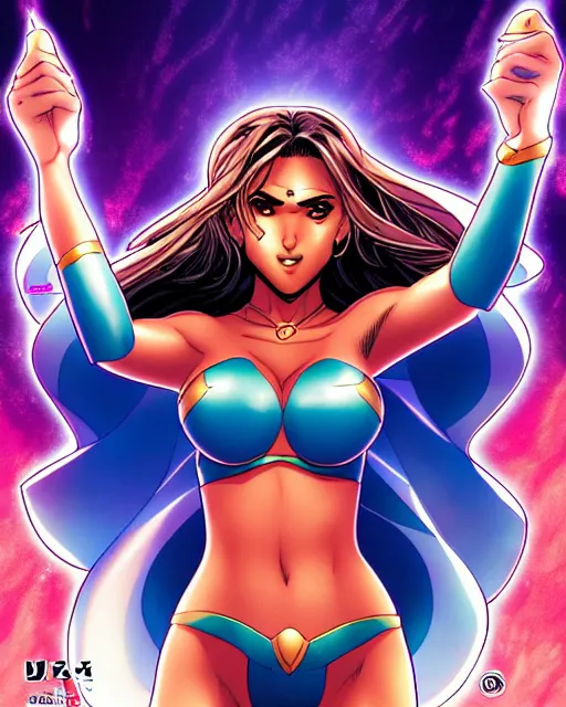 Image similar to sakimi chan comicbook cover art, jessica alba as aphrodite ix