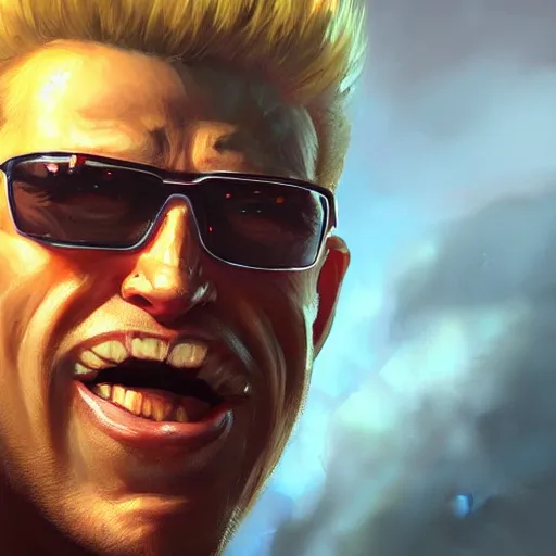 Image similar to close up portrait of duke nukem, backlit, painted by stanley lau, painted by greg rutkowski, painted by stanley artgerm, masterpiece, digital art, trending on artstation