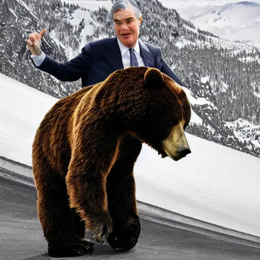 Image similar to photo of jerome powell riding on top of a bear, epic pose