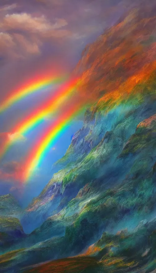 Prompt: extremely detailed hd photo of triple rainbow on the horizon, highly quality fantasy painting, 8K detail post-processing