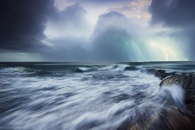 Prompt: beautiful landscape photography by marc adamus, scotland shore, big waves crashing, dramatic lighting, storm