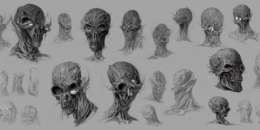 Image similar to skin and bones mask design, character sheet, Moebius, Greg Rutkowski, Zabrocki, Karlkka, Jayison Devadas, Phuoc Quan, trending on Artstation, 8K, ultra wide angle, zenith view, pincushion lens effect.