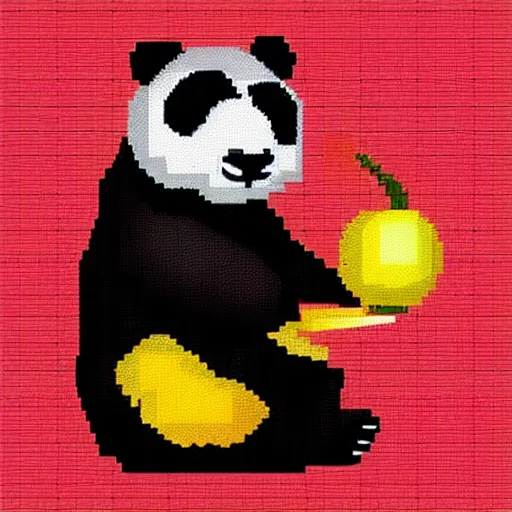 Prompt: “a gothic panda eating an orange, pixel art”