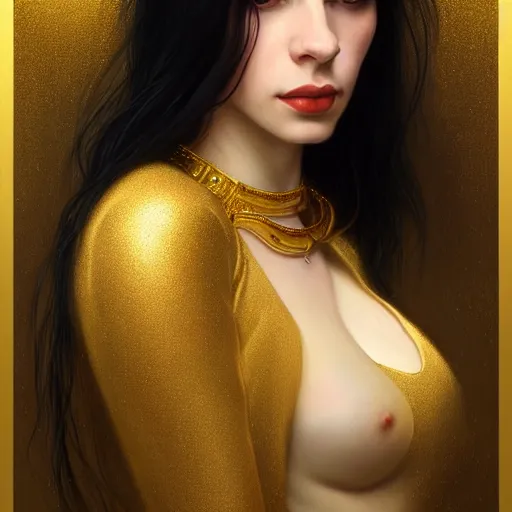 Image similar to Portrait of a beautiful pale skin Eastern European female with long black hair, dark eyes, elegant clothing, photorealistic, highly detailed, artstation, smooth, sharp focus, gold ornaments, neon lighting, sci-fi, art by Klimt, artgerm, Greg Rutkowski and Alphonse Mucha