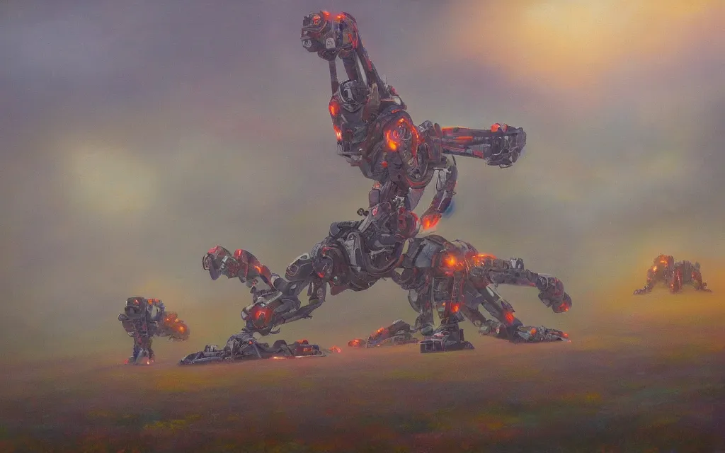 Prompt: giant robot centipede wandering across a foggy landscape, award winning oil painting, iridescent