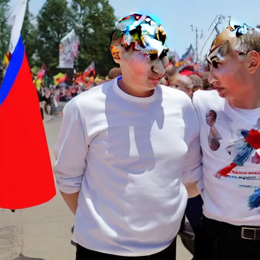 Prompt: lukaszenka and putin on a love parade